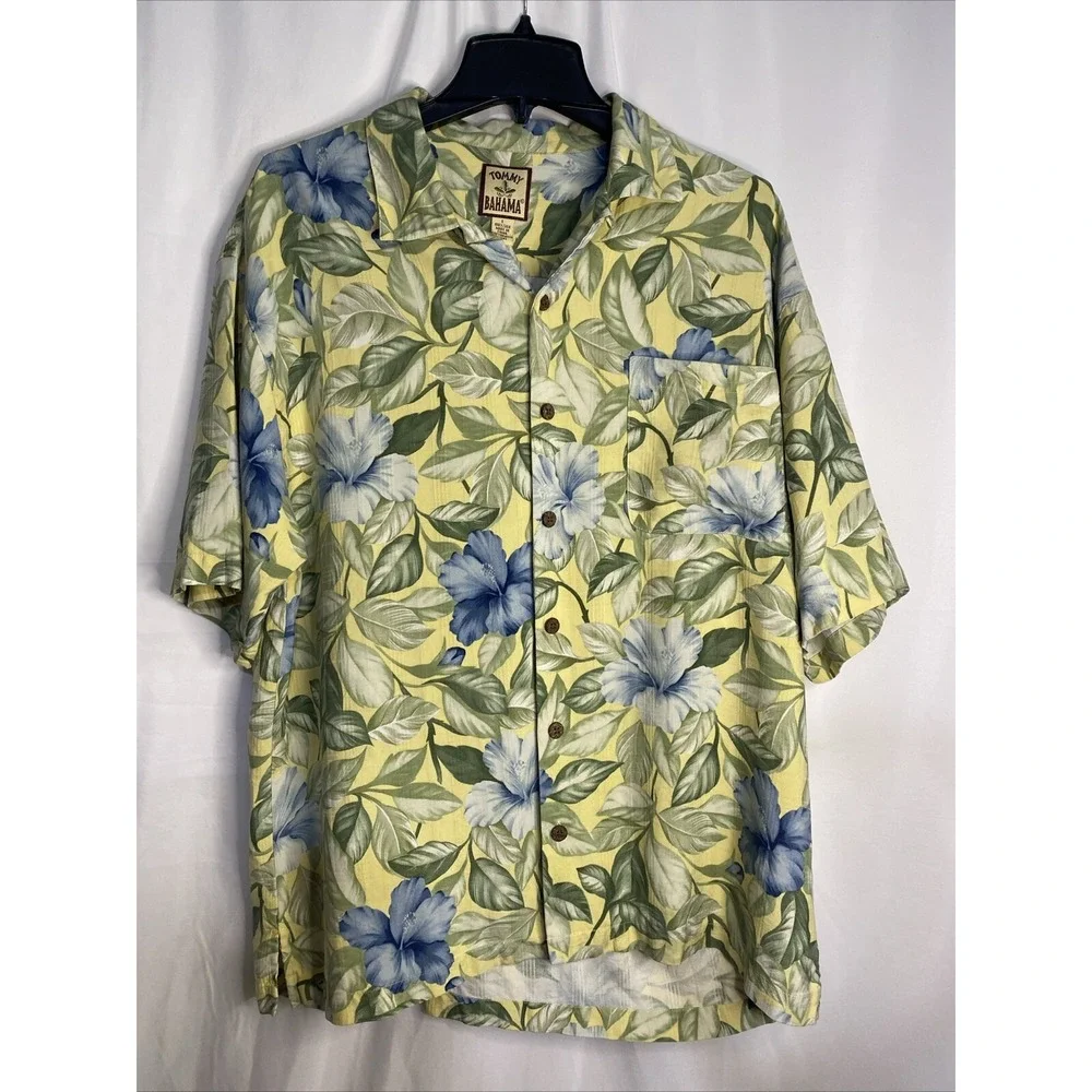Tommy Bahama Camp Shirt Mens L Yellow Blue Hibiscus Silk Floral Short Sleeve Exc